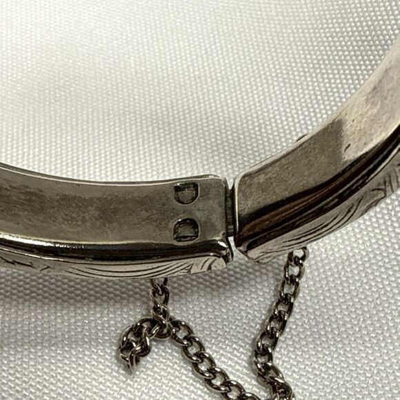 Vtg Victorian Revival Flower Silver Tone Safety Chain Hinged Bracelet Size 6 - Picture 6 of 8